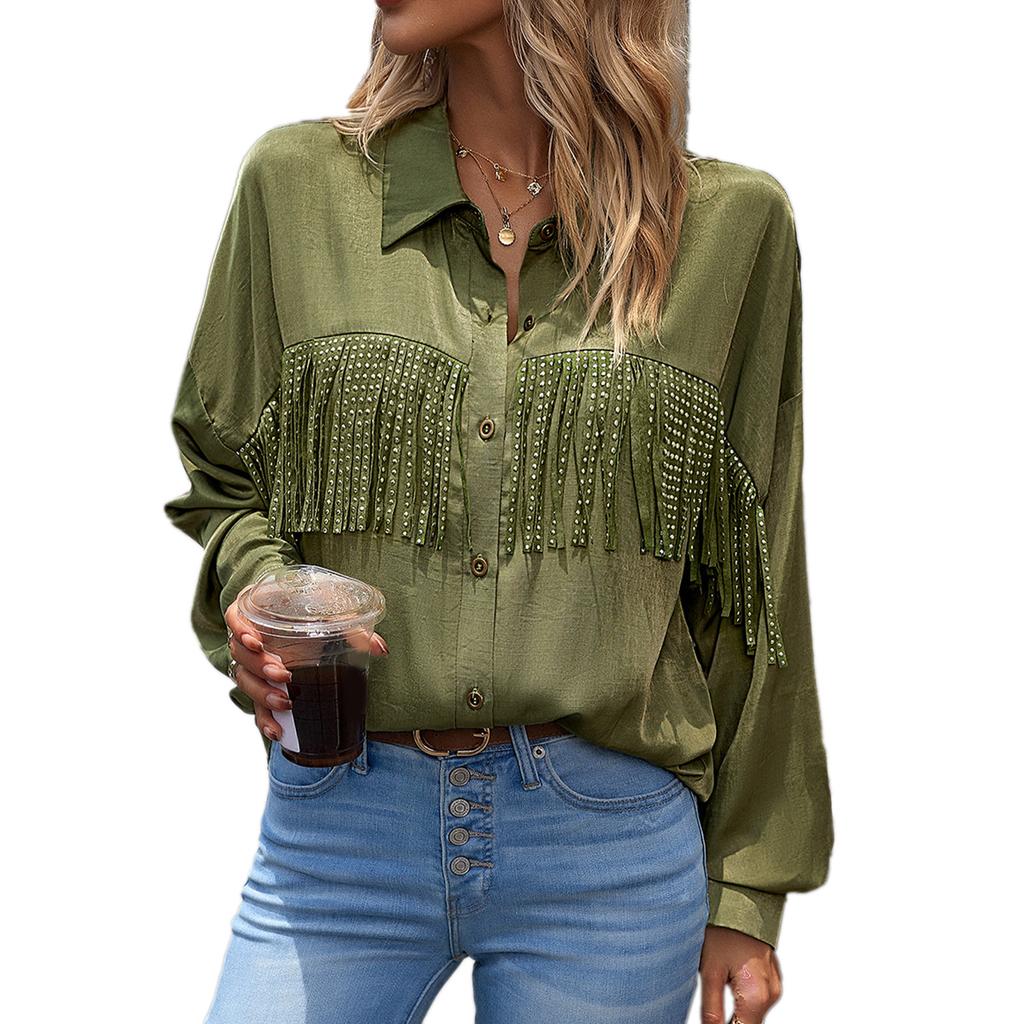 Tassel Long Sleeve Blouse Turn Down Collar Drop Shoulder Button Up Tassel Trim Blouse Shirt Apricot