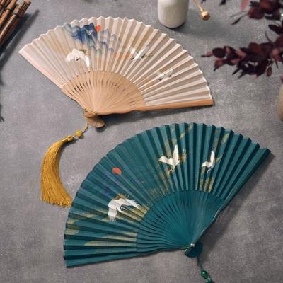 Vintage Bamboo Folding Fan Crane Pattern Traditional Double Side Fan with Tassel Classical Carved Hollowed-Out Fan