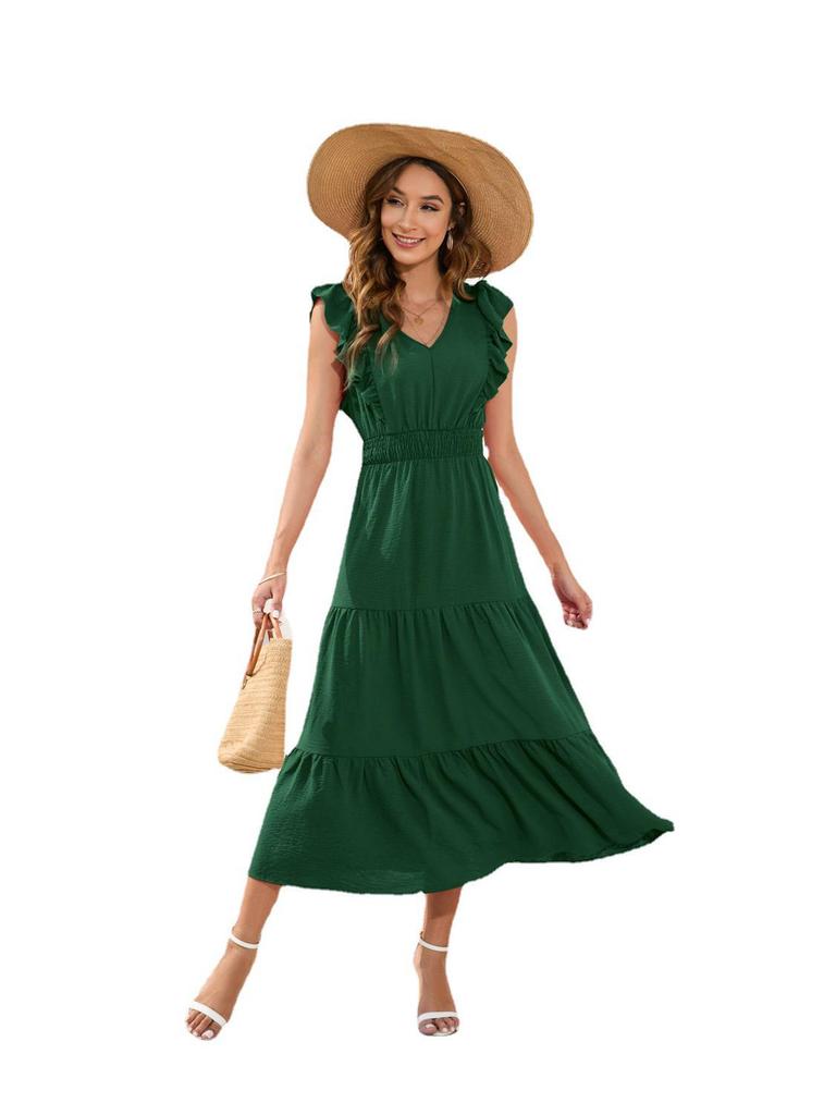"V-Neck High Waist Layered Maxi Dress - Casual Holiday Travel"