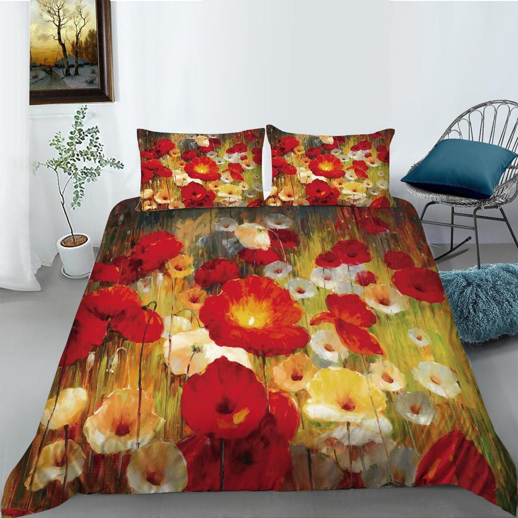 3D Ink Flower Series Bedding Set with Classical Flower Painting Style Quilt and Pillow Covers 2/3 Pieces of Microfiber Fabric Soft Home Decoration