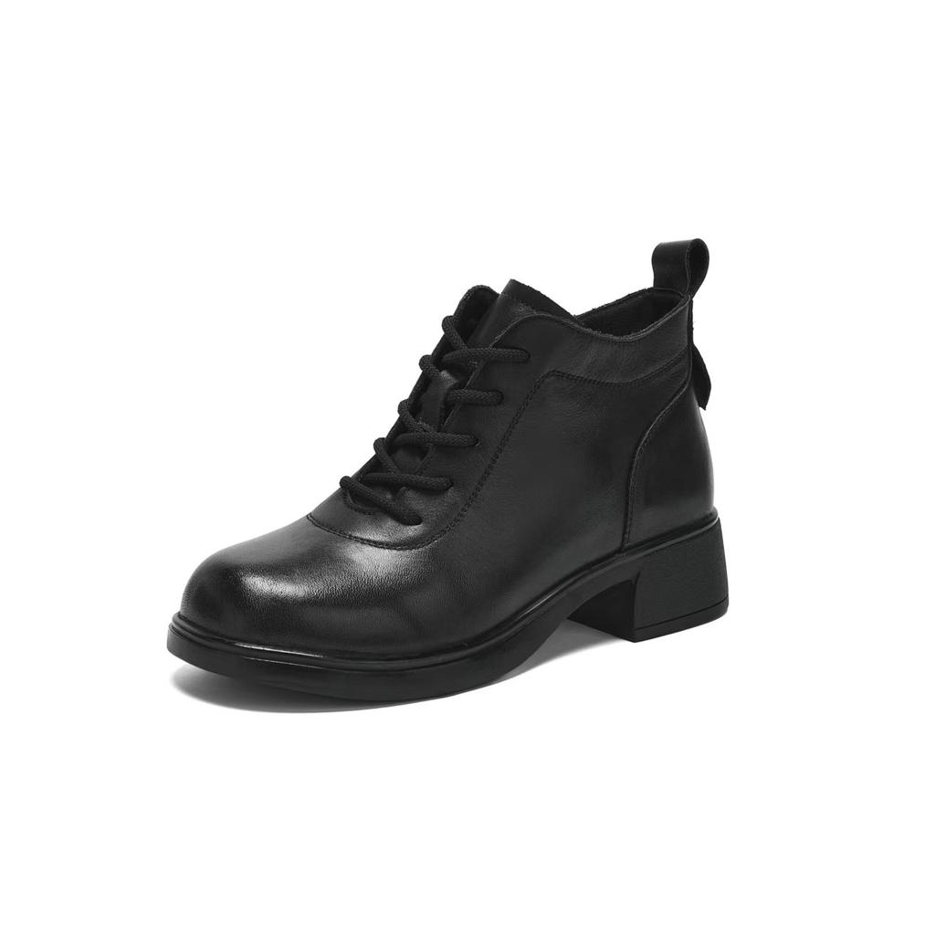 2025 autumn and winter new leather Martin boots women's round head soft sole retro women's boots versatile fashion black short boots