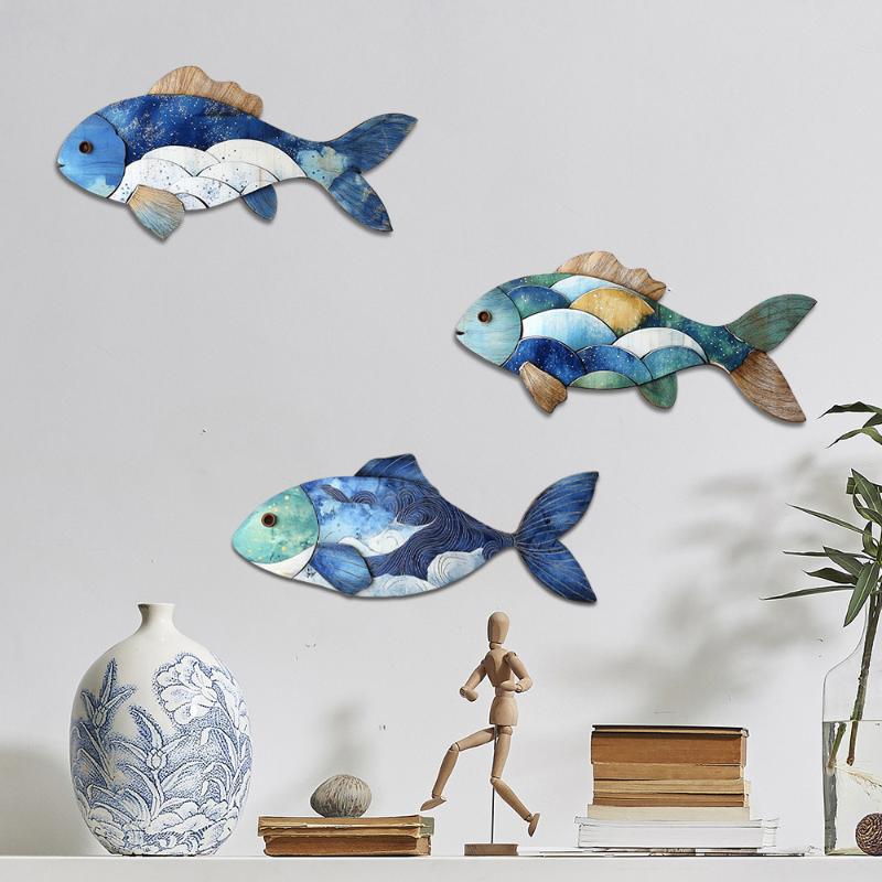Wooden Blue Fish Wall Ornament Rustic Hand Carved Fish Signs Pendant Funny Wall Art Ocean Animal Decoration