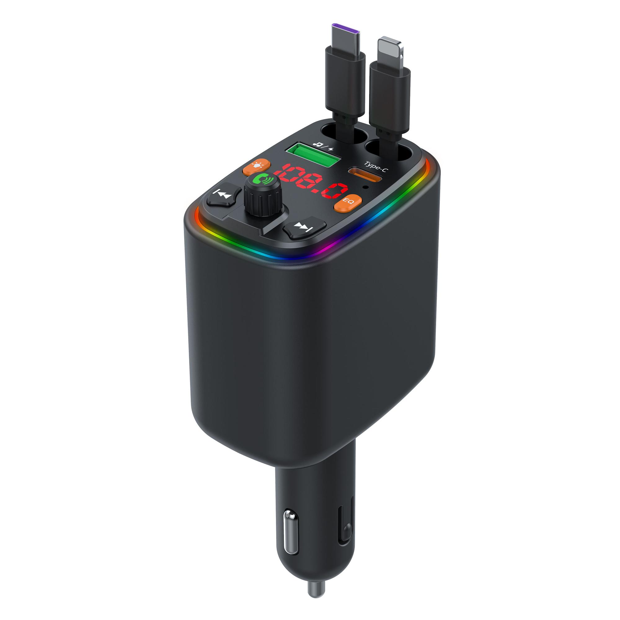 

Y10 Car Charger FM Transmitter Bluetooth-Compatible MP3 Player with Retractable Type C+iP Cable A