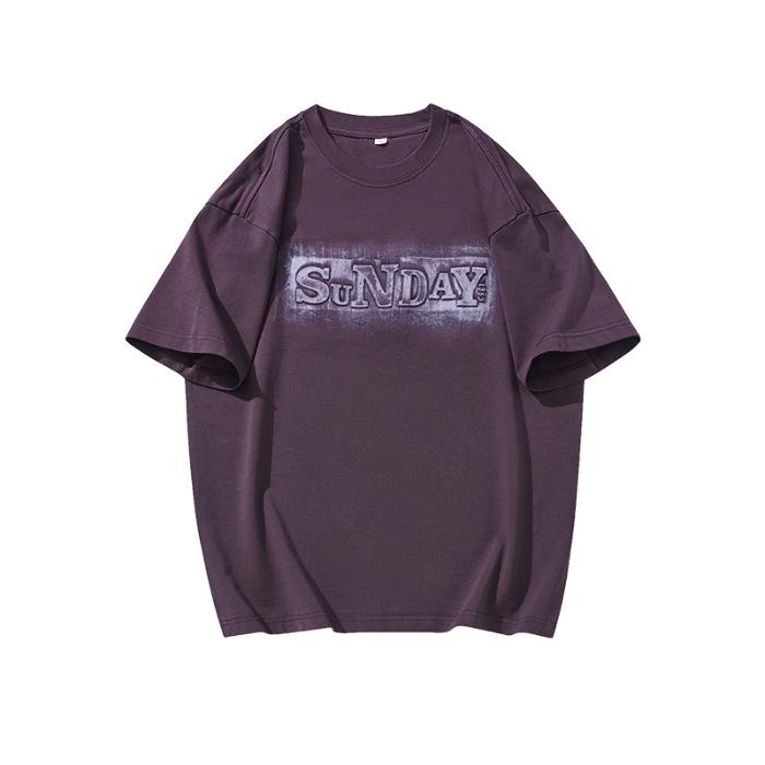 

Textured Short-sleeved T-shirt Men s Loose Steel-printed Pure Cotton Casual Versatile Half-sleeved Top 4XL фиолетовый