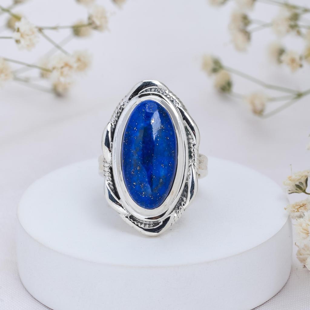 Sterling Silver Lapis Lazuli Ring - Vintage Oval Statement Ring with Rope Border Detail, Christmas Gift for Her, Anniversary gift