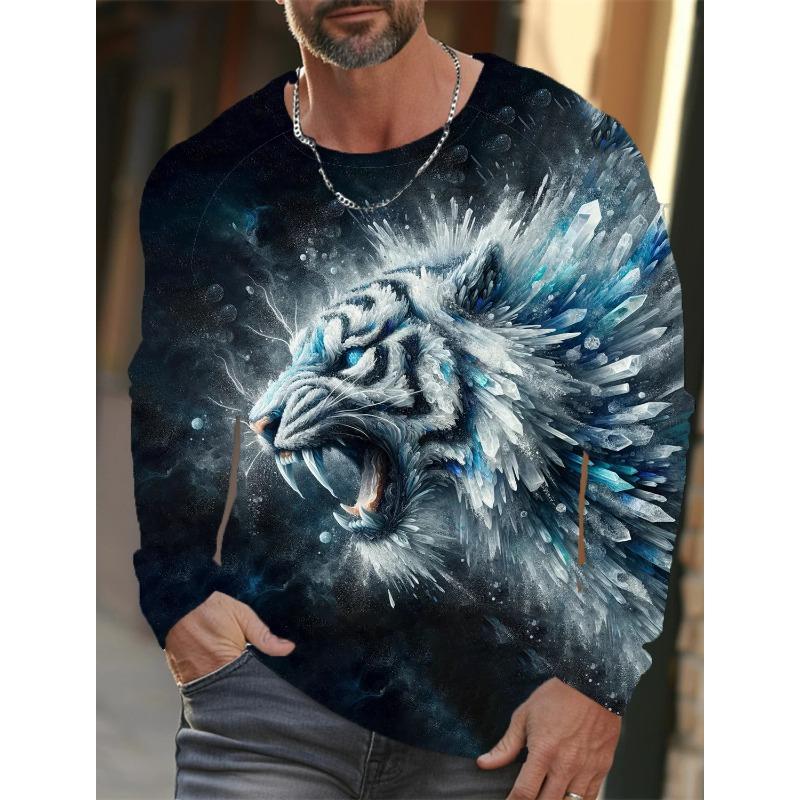 Spring and Autumn Round Neck Tiger Pattern 3D Printed Top Fashionable Casual Long Sleeved Men's T-shirts