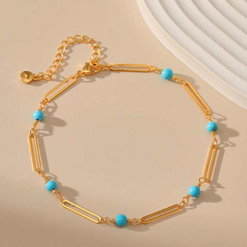 K Gold Plated Copper Turquoise Beaded Paperclip Chain Bohemian Women Anklet синий