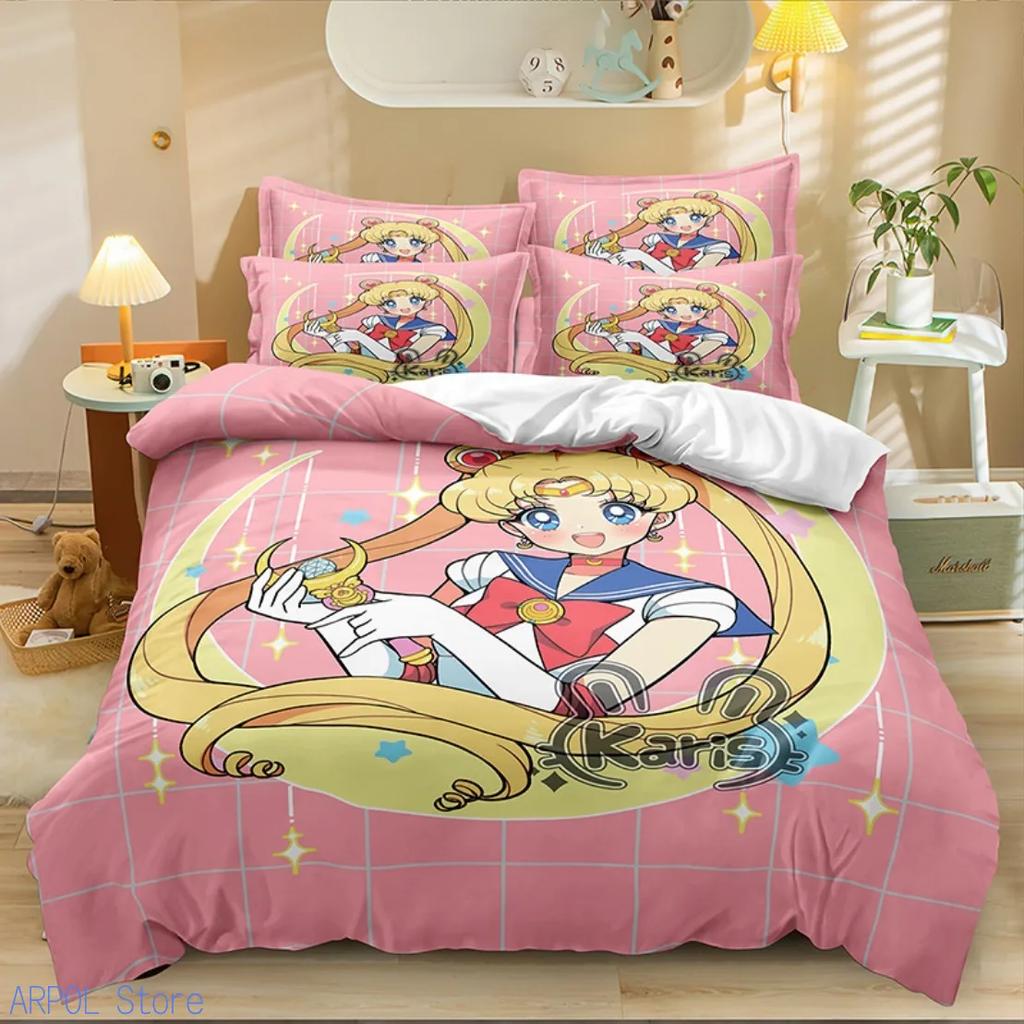 Kawaii Duvet Cover Sailor Moons Bedding Set for Girls 3D Pattern Pretty Girl Pink Comforter Twin Duvet Cover Set with Pillowcase