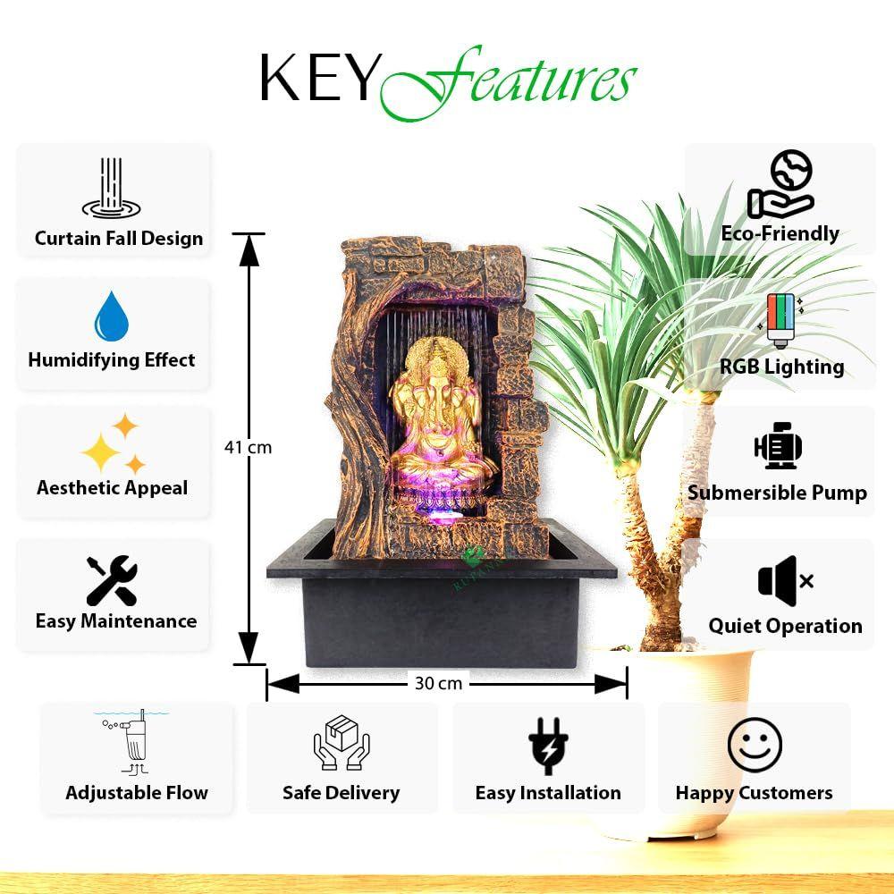 Stein Gufa Ganesha Tischbrunnen mit LED RGB Licht für Wohnkultur/Büro/Geschenk/Einweihungsgeschenk/Hochzeitsgeschenk (Brauner Stein)