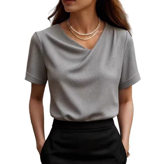 

Women Tops Slim Fit Short Sleeve Crossover V-Neck Pullover Tops Pure Color Soft Fabric Summer Shirt Daily Wear S серый