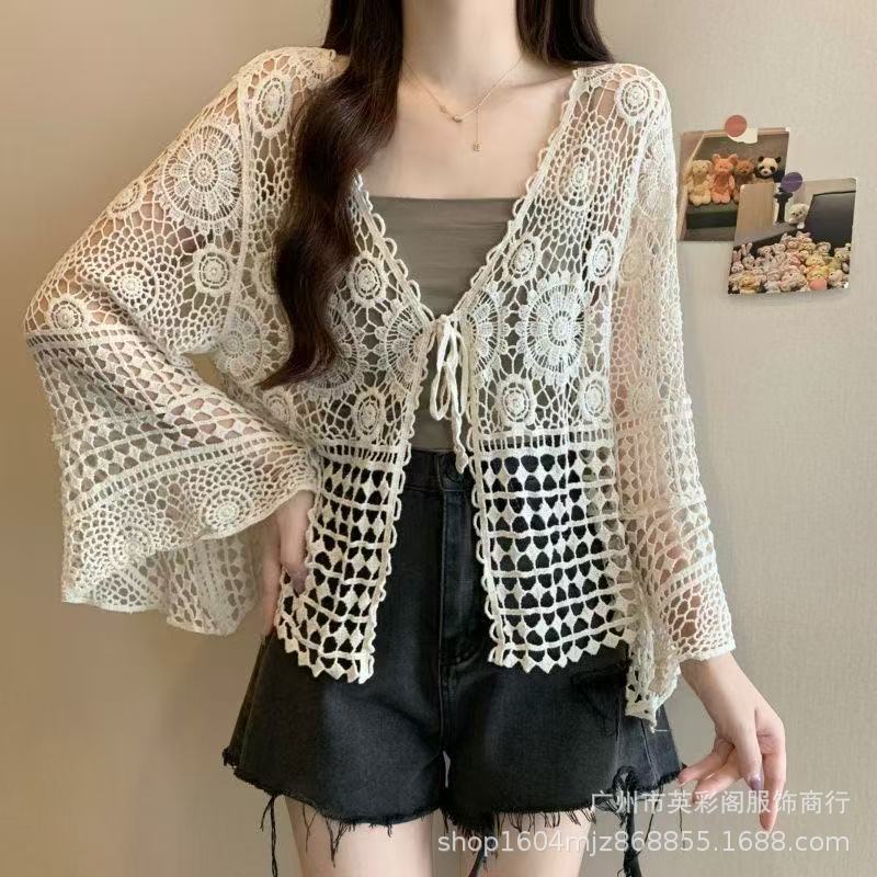 Summer Thin Knitted Sweater Women's Embroidered Hollow Long-sleeved Beach Clothes Women's Top Lace-up Jacket Versatile