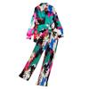 Womens Chiffon Long Sleeve Button-Up Top High-Waist Wide Leg Pants Set Tie-Dye Print Sweet Casual Outfit