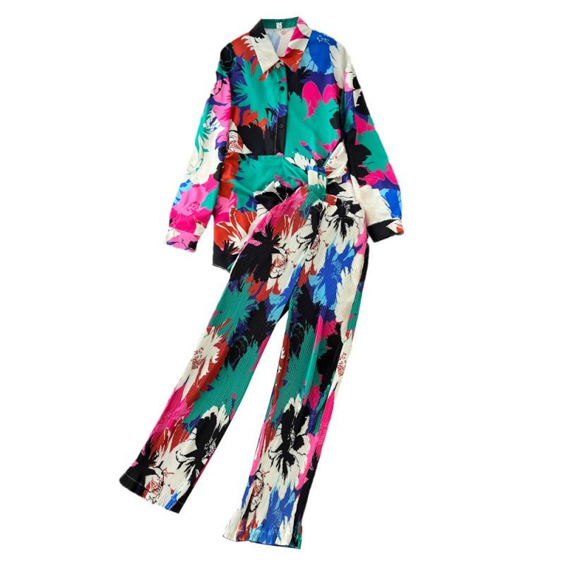 Womens Chiffon Long Sleeve Button-Up Top High-Waist Wide Leg Pants Set Tie-Dye Print Sweet Casual Outfit