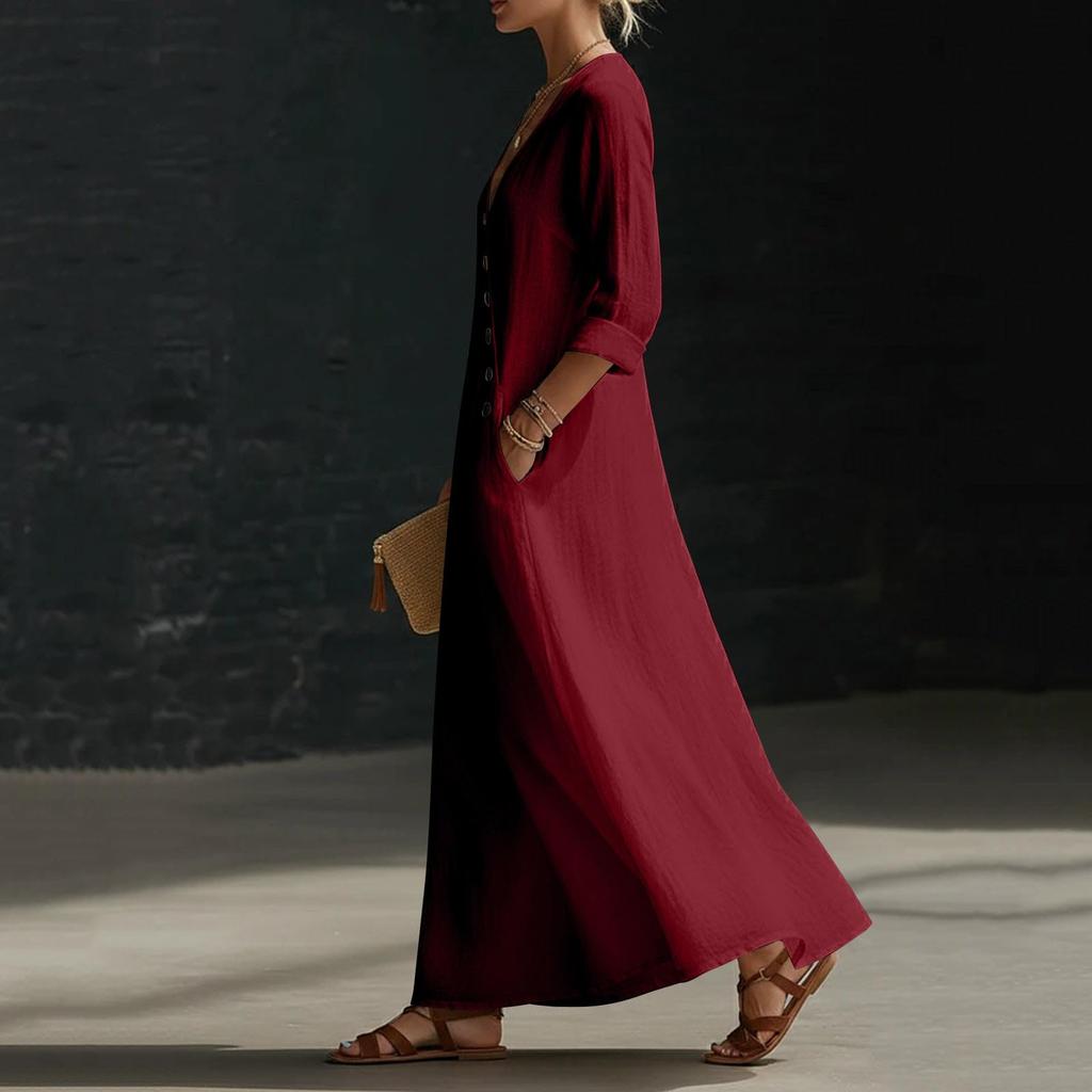 Women’s Elegant Long Sleeve V Neck Maxi Dress Bohemian Style Vacation Wear with Button Loose Fit