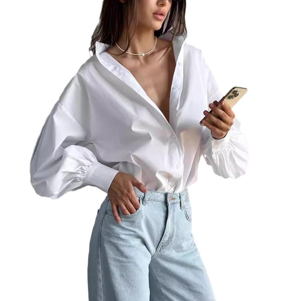 2026 Women's Lantern Sleeve Round Neck Shirt – European/American Style, Versatile & Comfy.