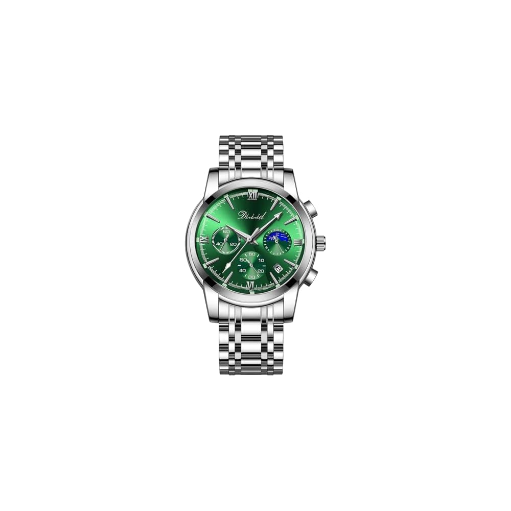 DIZIZID Men s Analog Quartz Chronograph Watch Silver Green Stainless Steel Band Waterproof Date Display Multi-Function