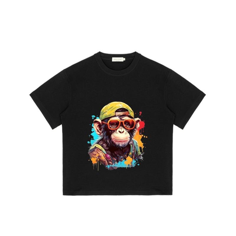 Black T Shirt with Monkey Wearing Cap and Sunglasses Print for Casual Wear