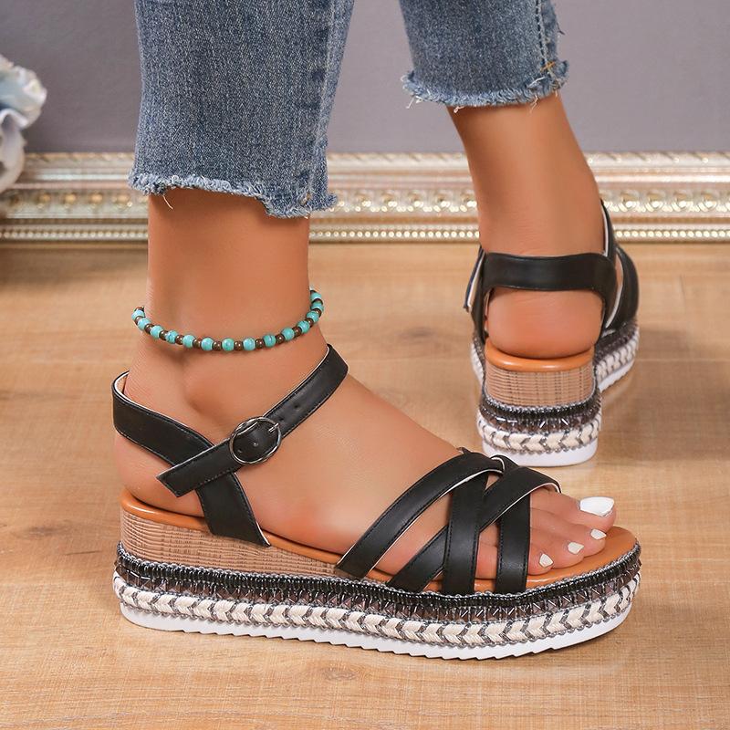 New Women's Cross-buckle Rhinestone Hemp Rope Square Head Sandals