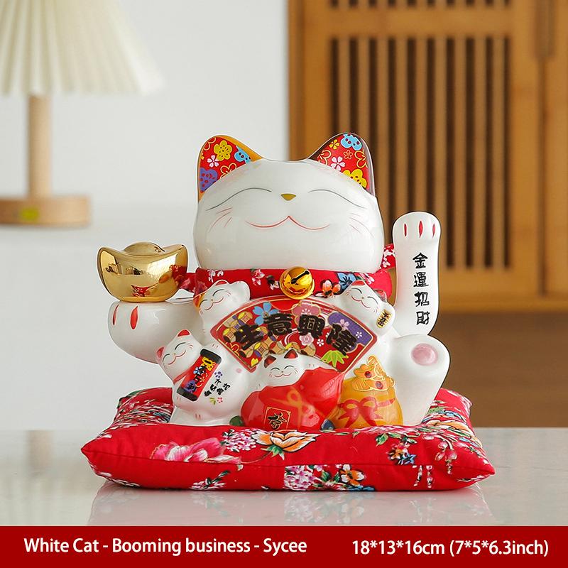 7 Inch Fortune Cat with Waving Arm Ceramic Maneki Neko Feng Shui Ornament Lucky Cat for Shops, Restaurant, Home Table Decoration