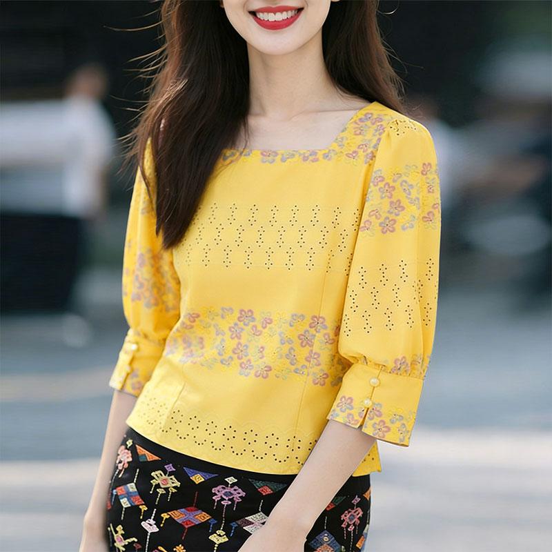 ZANZEA Damen Lässig Quadratischer Kragen Sommer 3/4 Ärmel Ethnischer Druck Bluse