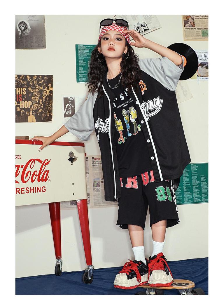 Modny hip-hopowy zestaw uniformów baseballowych dla dzieci - Krótki rękaw, letni kostium na występy dla chłopców i dziewcząt