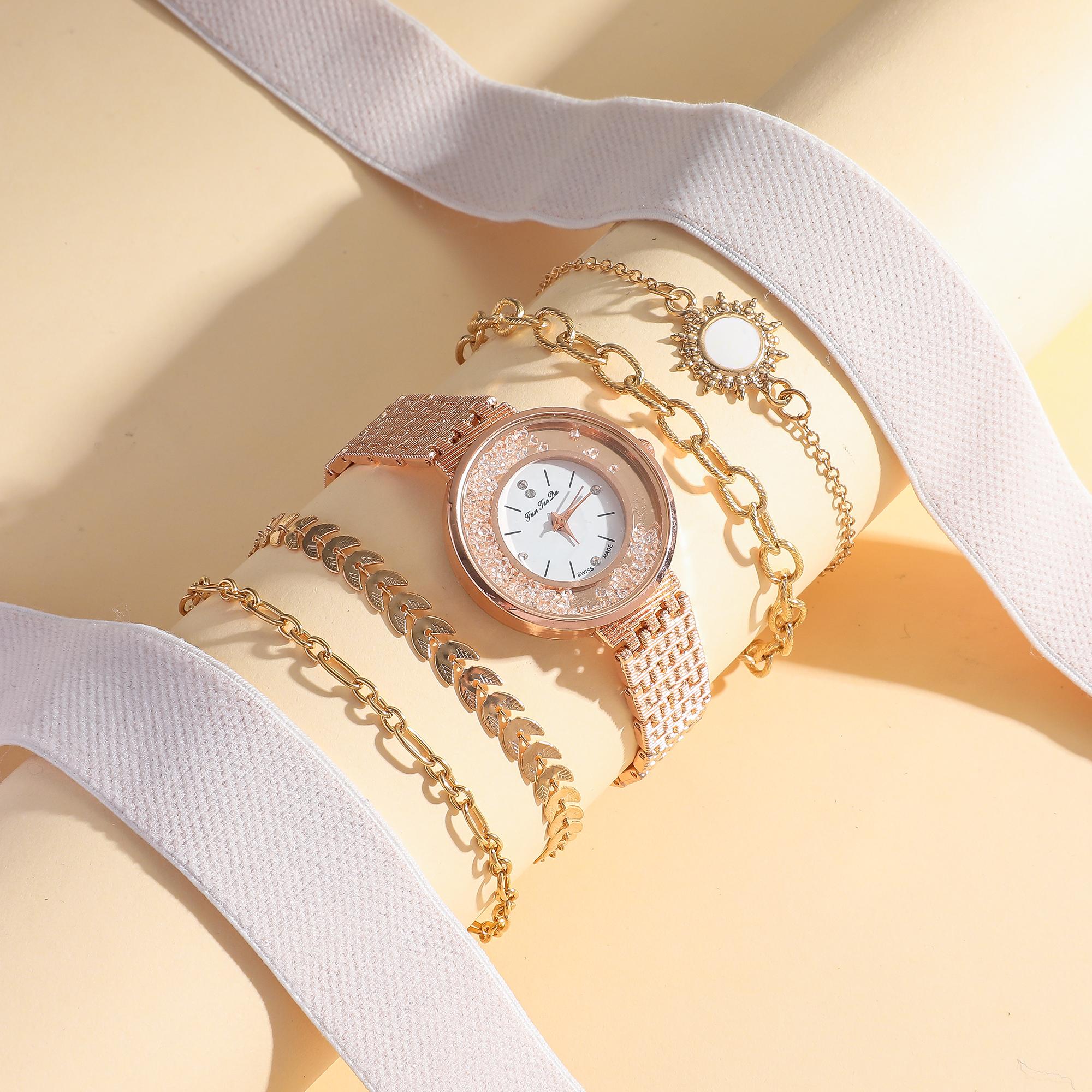 

5pcs/set; Simple and stylish ladies new diamond-inlaid watch necklace set of five, suitable for birthday gifts ярко-розовый