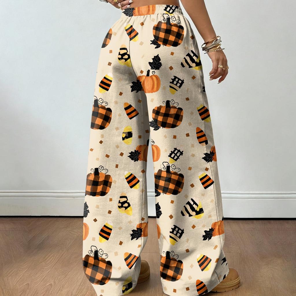 Women's Casual Loose Fit Wide Leg Pants with Halloween Print, Elastic Waist Drawstring for Holiday Party
