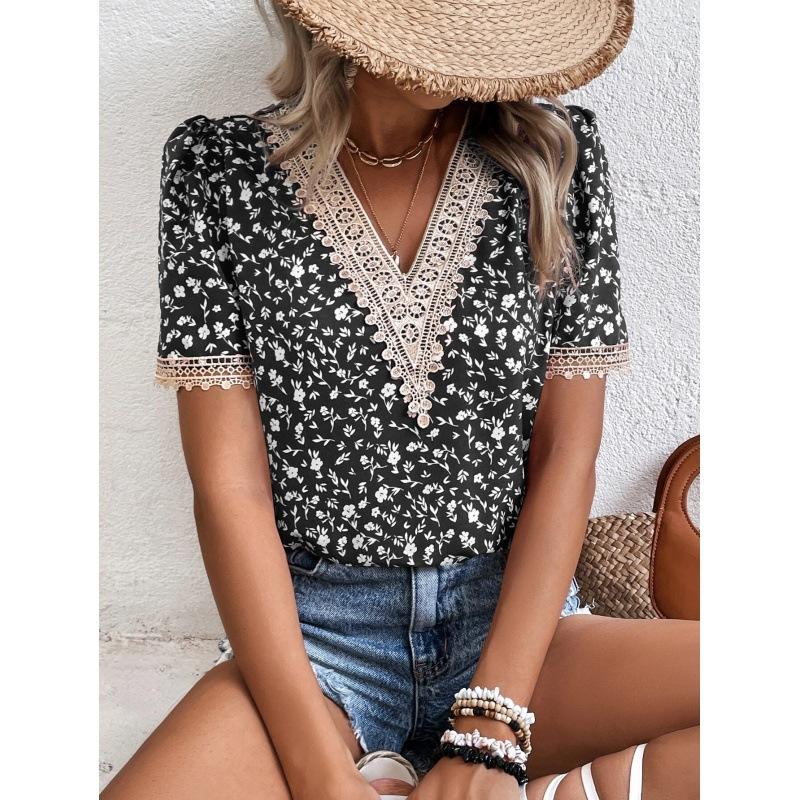 Summer Women's T-shirt Pastoral Fashion Floral Print Lace Collar Short Sleeve Tops