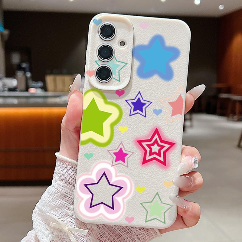 Blended Colorful Stars Pattern Case For Samsung Galaxy S25 Edge S24 Ultra S23 S22 Plus S21 FE S26 Ultra Leather Texture Silicone Cover