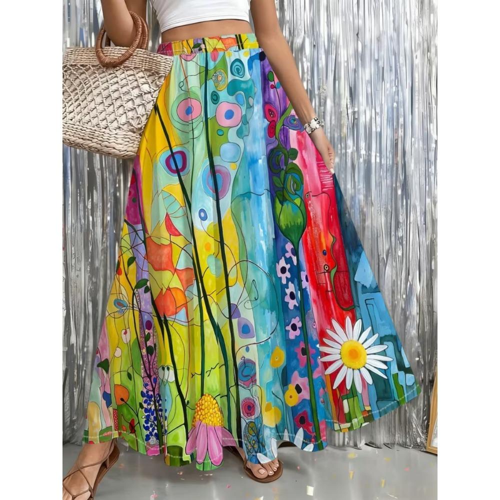 2026 Spring/Summer Women's Half Length Skirt Printed Elegant Elastic Waist, Different Country Fake Wind Beach Skirt Women's Wear
