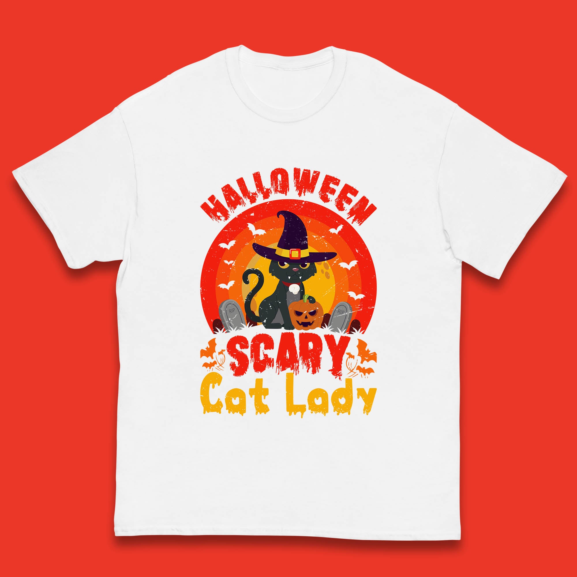Halloween Scary Cat Lady Horror Spooky Witch Black Cat Lover Kids T Shirt 110
