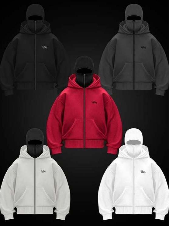 Unisex Y2K Mikina Bandit s dvojitou kapucou a sametem - Větruodolná a volného střihu pro podzim/zimu