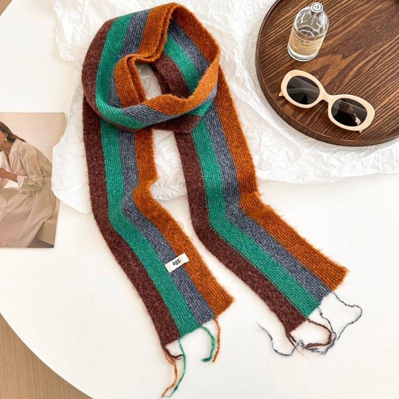 Knitted scarf winter new rainbow stripes dopamine contrasting color warm wool scarf thin and narrow fringed scarf