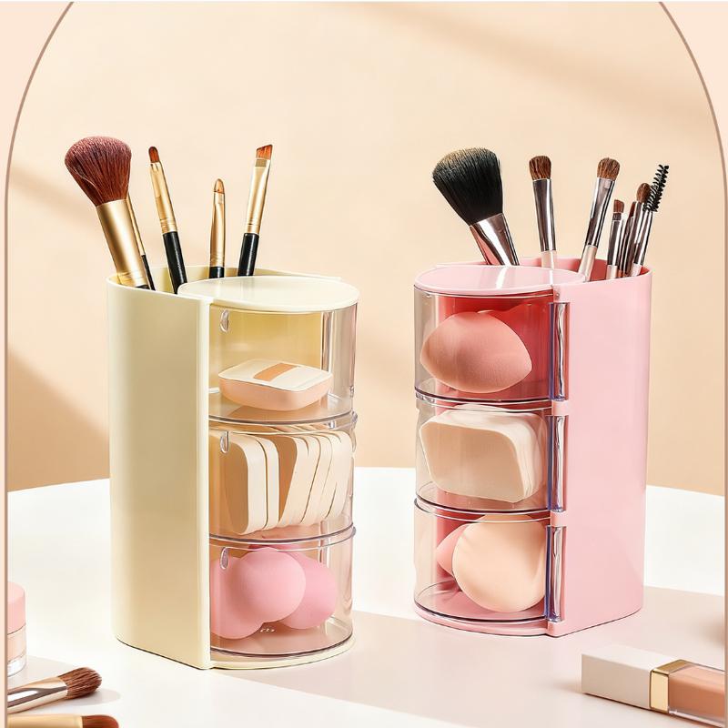 

3-layers Rotating Dustproof Cosmetic Storage Box Multilayer Makeup Sponge Cushion Powder Puff Organizer Tube Desktop Makeup Storage girly pink