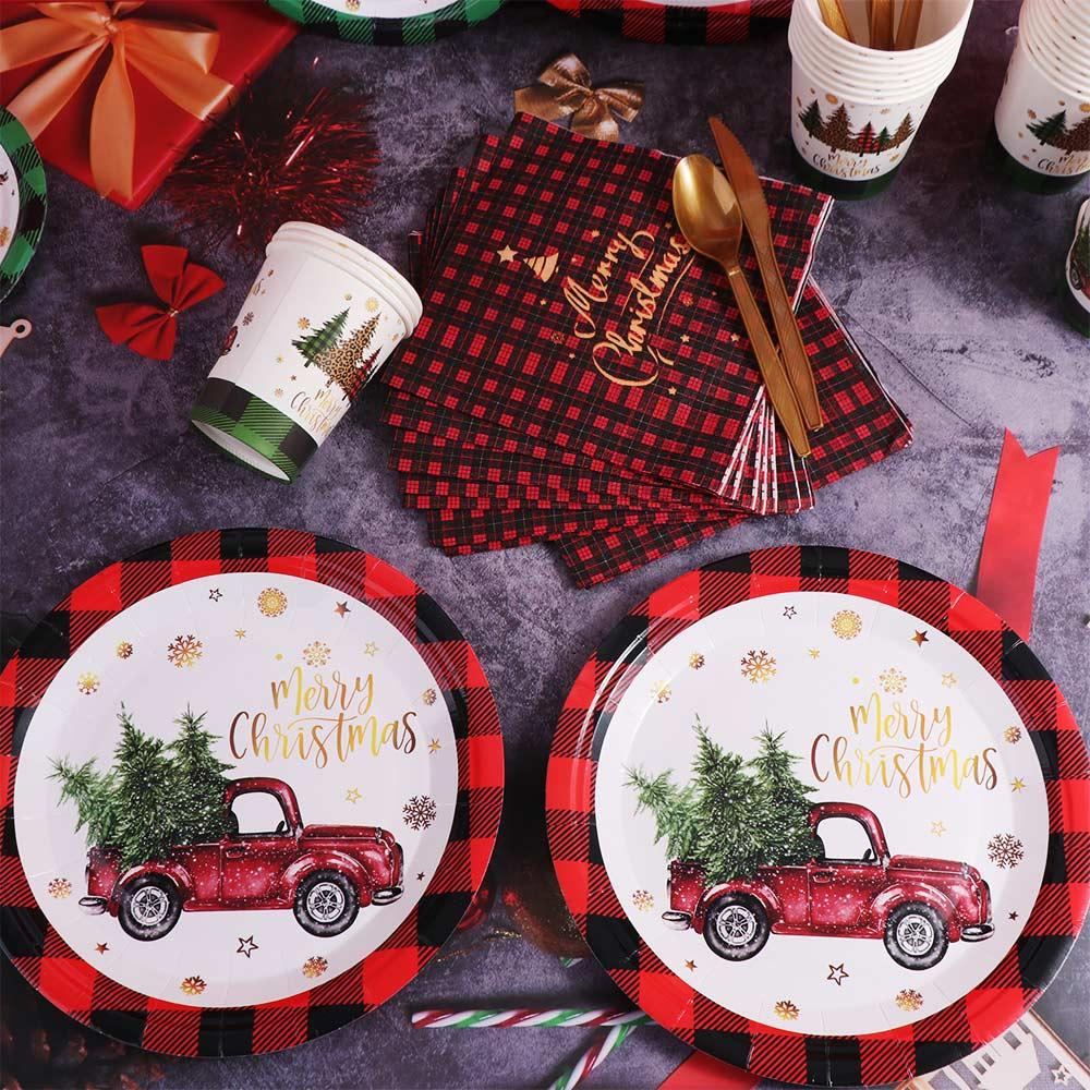 Plaid Print Party Dinnerware Set Car Pattern Disposable Paper Tableware  Navidad