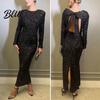 Damen Offenes Rücken Maxikleid Sexy Rückenfrei Schnürung Glitzernde Pailletten Elegantes Abendkleid Schleife Langarm