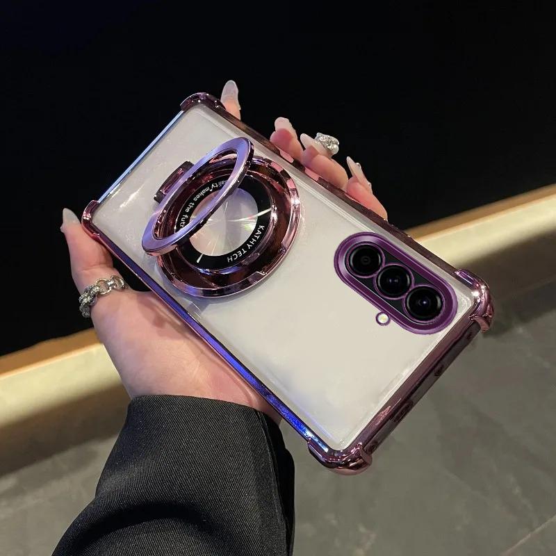For Samsung A56 Case Luxury Plating Stand Shockproof Clear Case For Samsung Galaxy S25FE S25edge A06 A16 A26 A36 A17 A55 Cover
