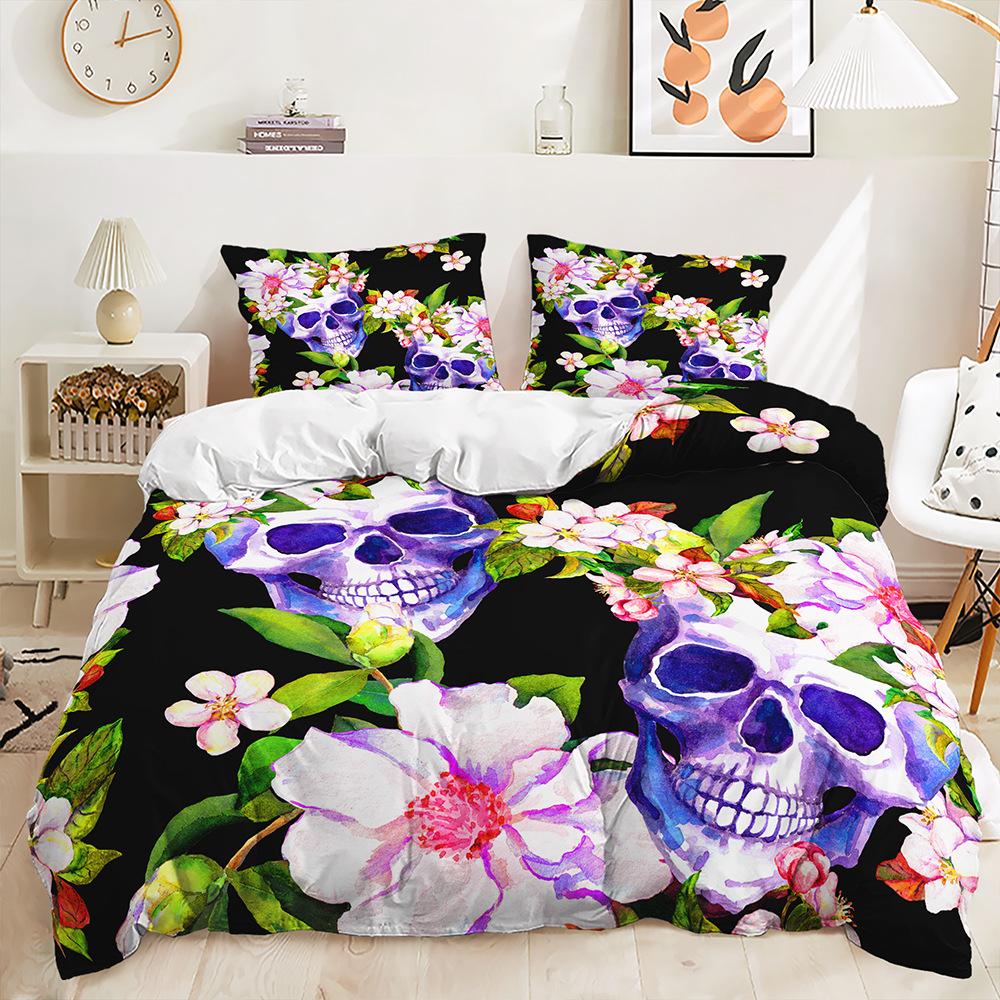 Three-Piece 3D Quilt Cover Rose Skull Dark Wind Kit Bedding