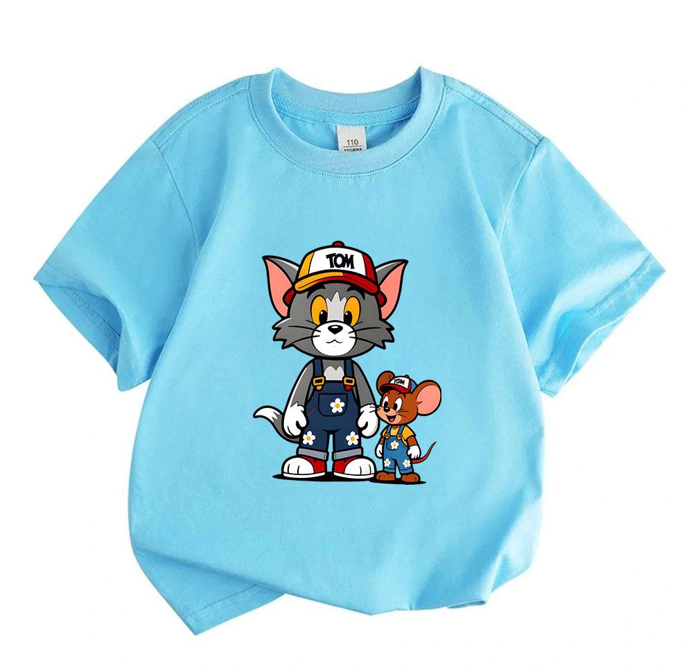 Kids Boys Girls 100% Cotton Crew Neck Short Sleeve T-Shirt, Cute Cartoon Cat Mouse Print Casual Soft Breathable Summer Tee for Toddlers Little Childre