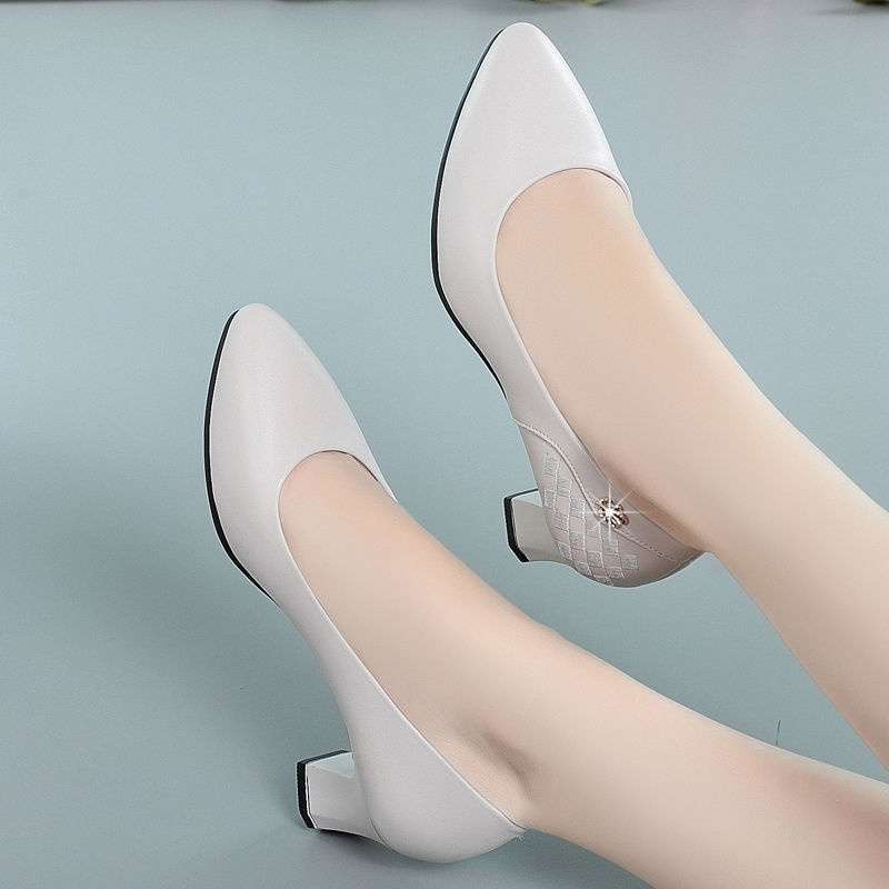 Work Shoes Versatile Medium Heel Single Shoes Women's 2025 Spring New Leather Shoes Pointed Thick Heel Versatile Shallow Mouth Women's Shoes