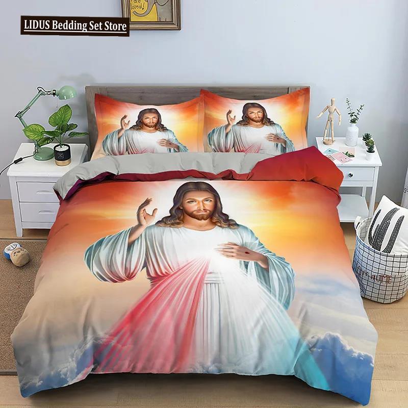 3D Jesus Duvet Cover Set Christian Sacred Jesus Polyester Bedding Set Cross Comforter Cover Suitable For Christian Jesus King