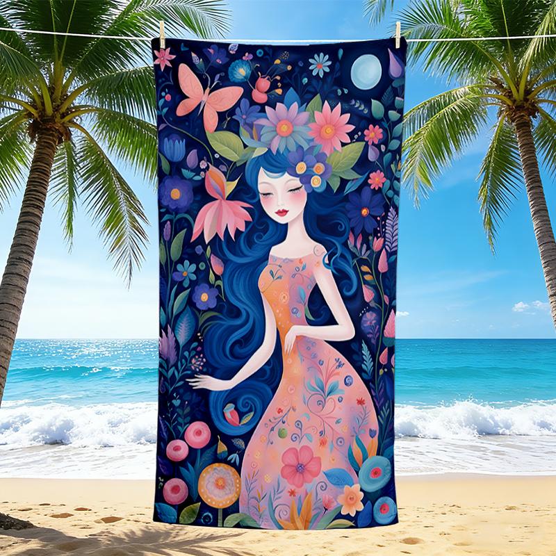 1Pc Floral Fantasy Woman Beach Towel, Quick Dry, Multi-Use for Beach Pool Gym Yoga Home Travel, Christmas, Halloween, Xmas Gift M929354