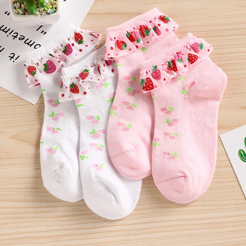 Girls Strawberry Print Ruffle Socks Breathable Eyelet Ankle Socks Cute Summer Cotton Boat Socks For Kids