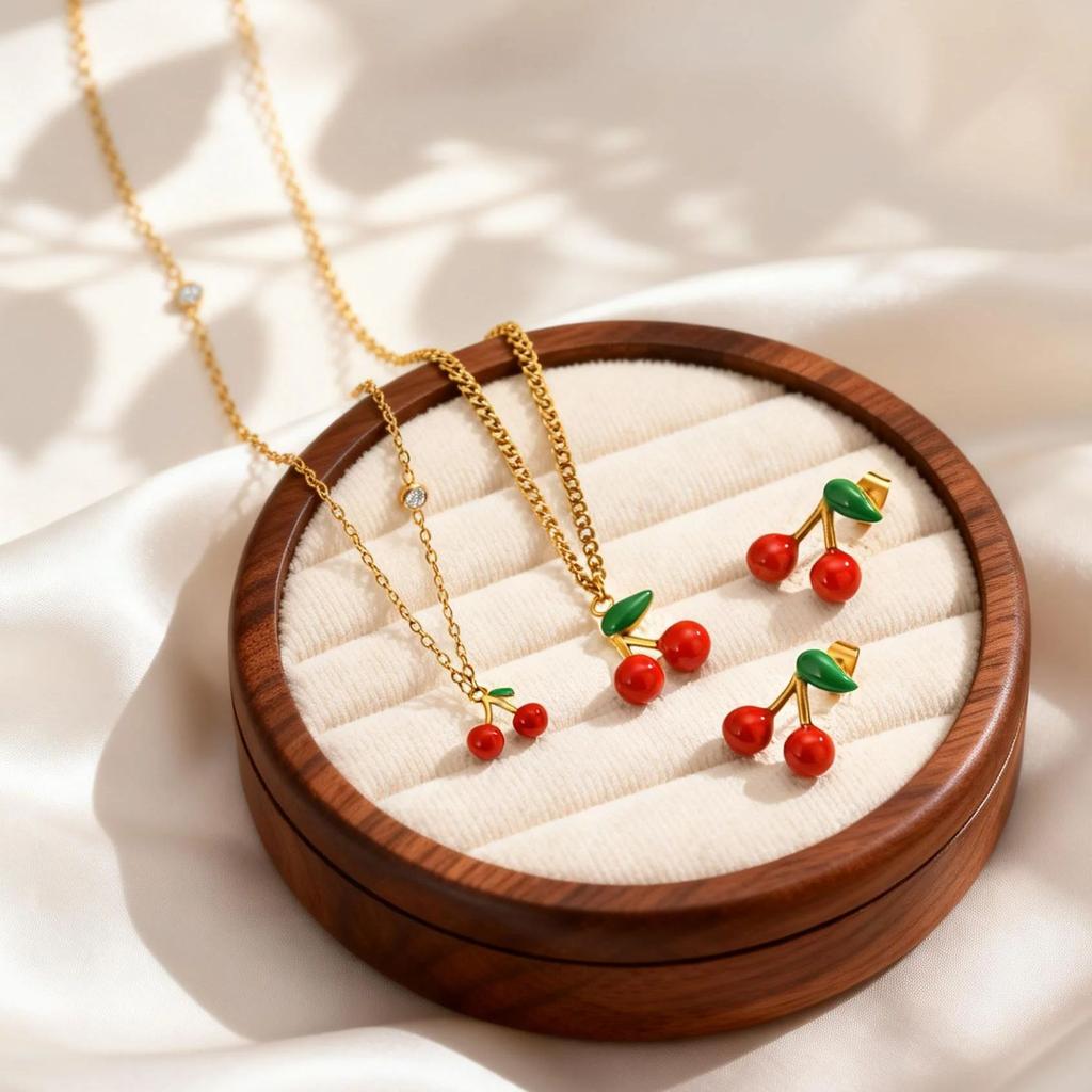 Fashion Cherry Pendant Necklace for Women Stainless Steel 18K Gold Plated Grinding Chain Necklaces Simple Charm Jewelry Gift