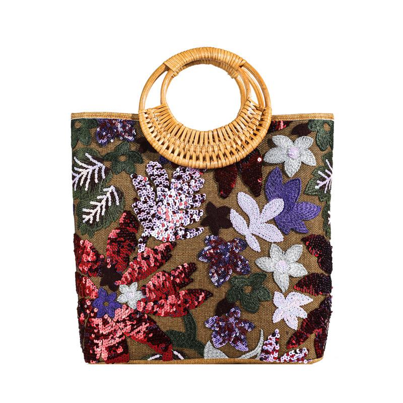 

Сумка-тоут из пайеток и соломы для женщин - вышивка в стиле бохо-шик, вместительная летняя пляжная сумка с экологичным дизайном фиолетовый