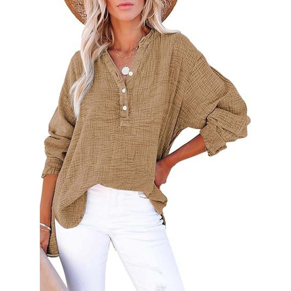 Women's V-Neck Long Sleeve Solid Color Casual Fashion Henley Blouse Shirt Top