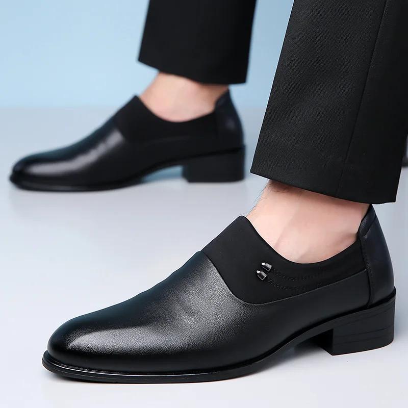 Fashion Fashion Thick Heel Leather Slip-on Business Dress Shoes for Men New Soft Sole Spring Autumn Designer Wedding Brogue Shoes Male