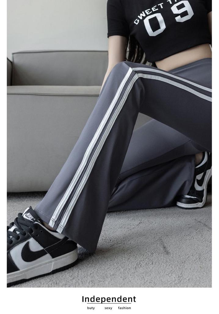 Plus Size High Waist Shark Flare Pants with White Stripe - Women's Spring Slimming Long Pants