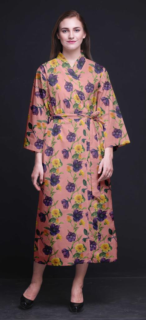 Bimba Light Purple Floral Leaves & Tazetta Daffodils Long Robes For Women Printed Bride Getting Ready Bridesmaid Robes Cotton Bathrobes