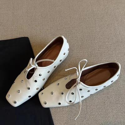 Women's Ballet Flat Shoes Mary Janes Lace-Up Flats French Style Square Head Low Heel Spring Autumn Season PU Leather